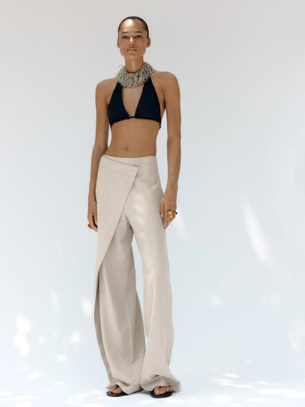 Zara Linen Blend Pareo Wrap Wide Leg Pants Light Beige Size M